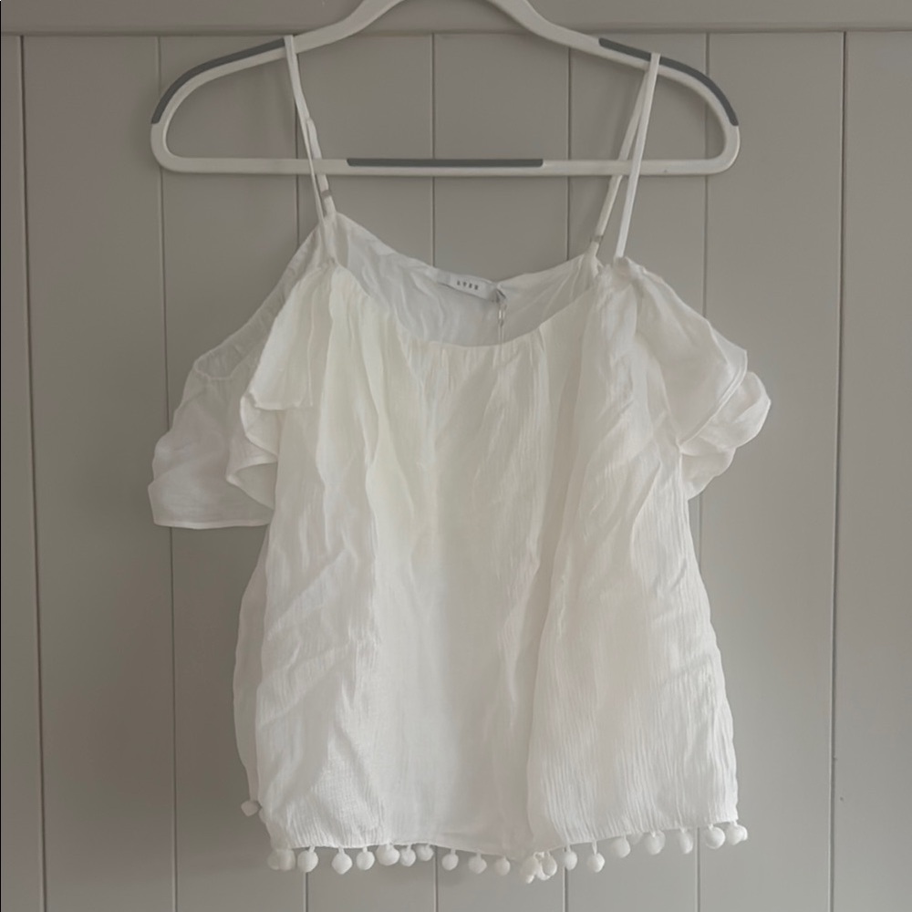 White Off-Shoulder Top with Pom-Pom Trim